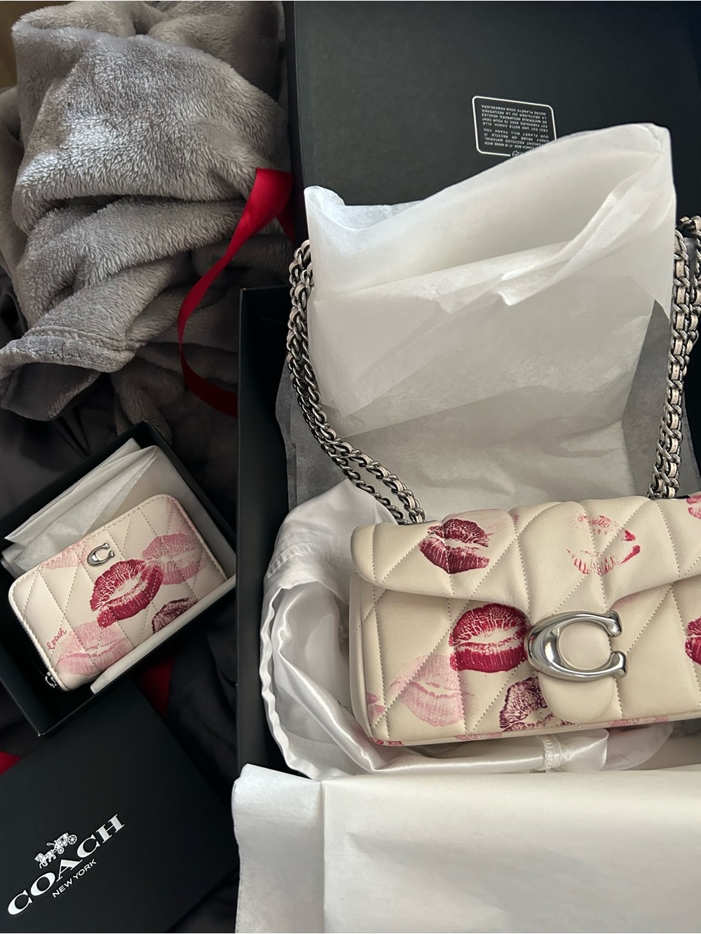 Coach Quilted Kiss-Print Shoulder Bag in Cream & matching wallet